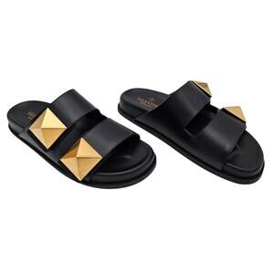 Valentino Garavani One Stud Flat Slide Sandal Black Leather Size 37.5 US 7.5